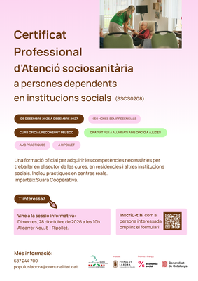 Acollim i Populus Labora impulsen un curs oficial i gratuït d'Atenció siciosanitària a persones depenents en institucions socials.